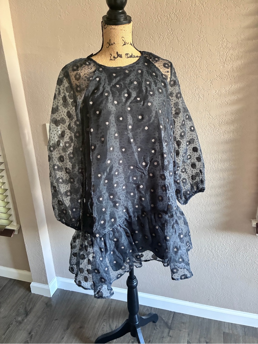 Zara Black Sheer Floral Burnout Long Sleeve Dress